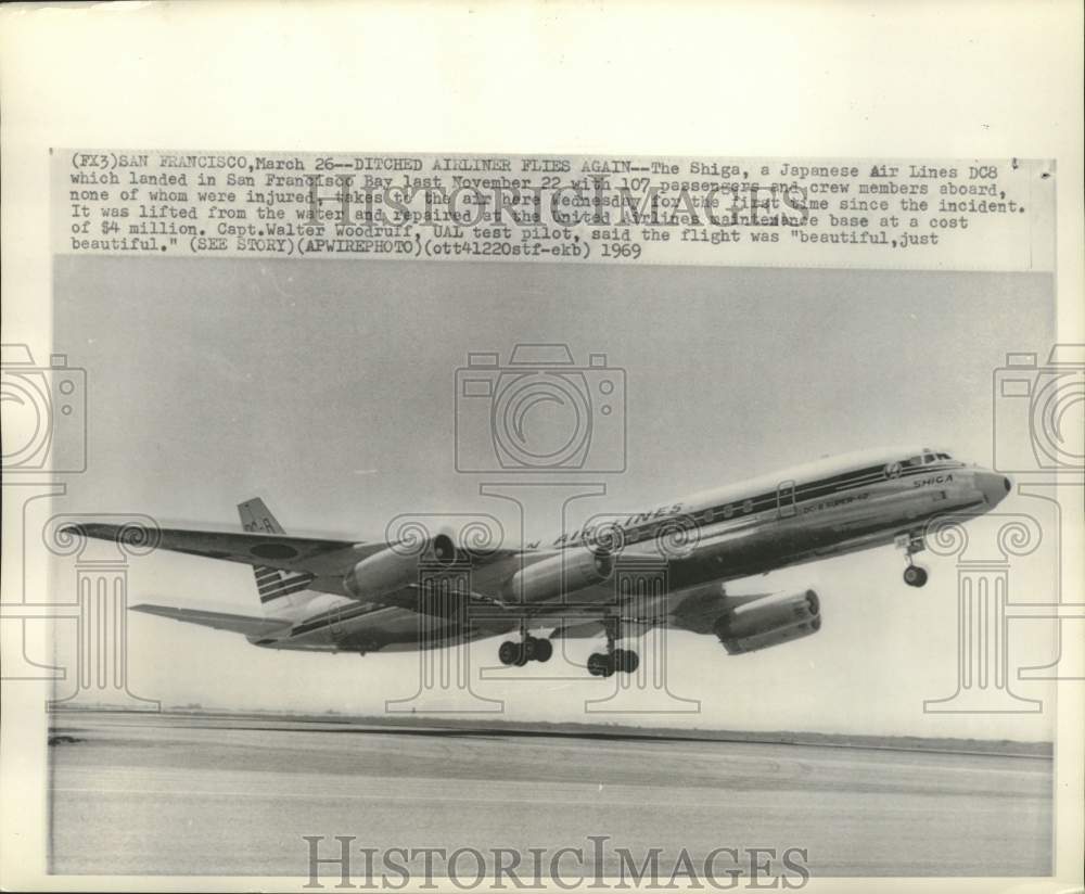 1969 Press Photo Japanese Airlines landed in San Francisco Bay 11/22 flies again - Historic Images