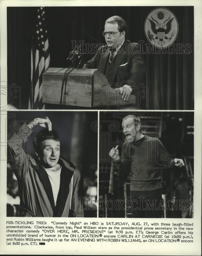 1984 Press Photo Paul Wilson, Robin Williams &amp; George Carlin in &quot;Comedy Night&quot; - Historic Images