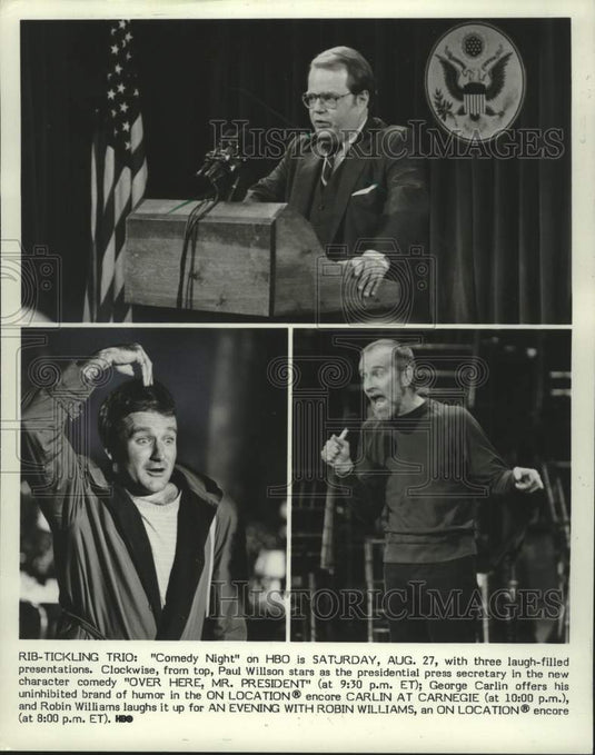 1984 Press Photo Paul Wilson, Robin Williams & George Carlin in "Comedy Night" - Historic Images
