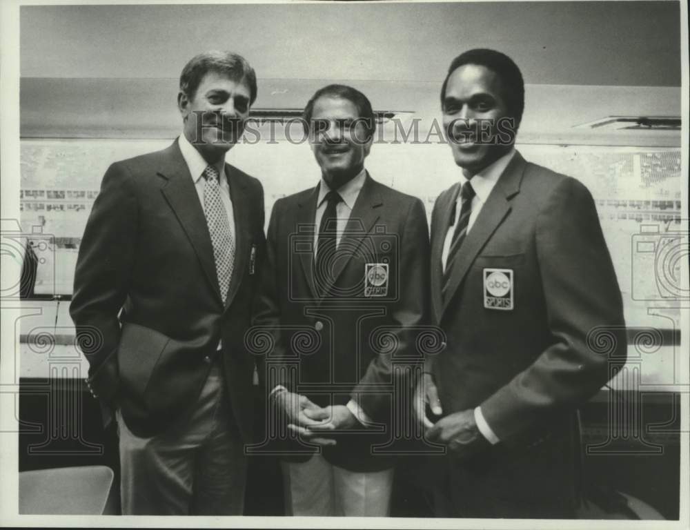 1985 Press Photo Sportscasters Don Meredith, Frank Gifford and O.J Simpson - Historic Images