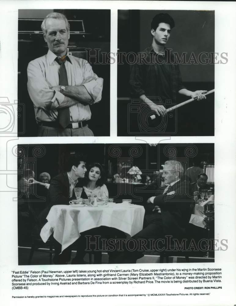 1986 Press Photo Paul Newman &amp; Tom Cruise in &quot;The Color Of Money&quot;. - Historic Images