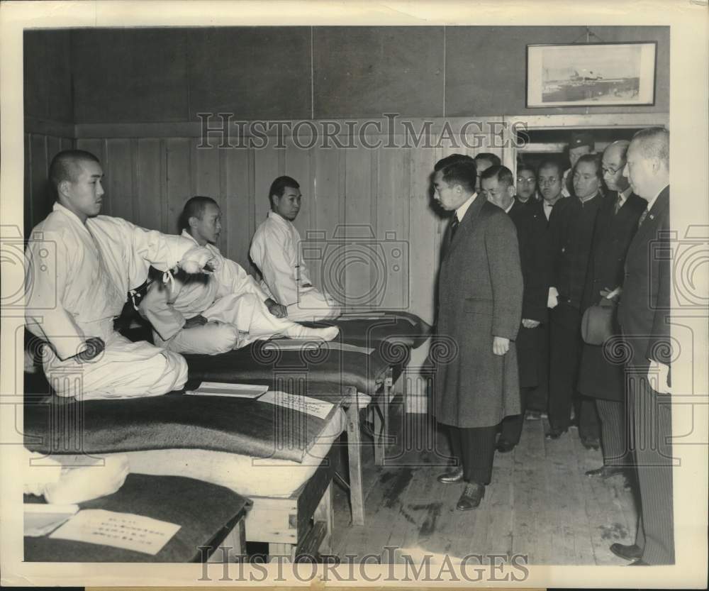 1948 Japanese Emperor visits wounded soldiers in Gunwa prefecture. - Historic Images