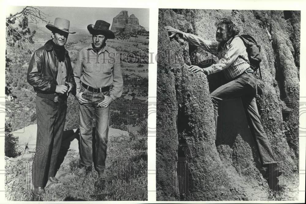 1979 Press Photo John Wayne and Sid Davis on left Sid Davis climbing on right - Historic Images