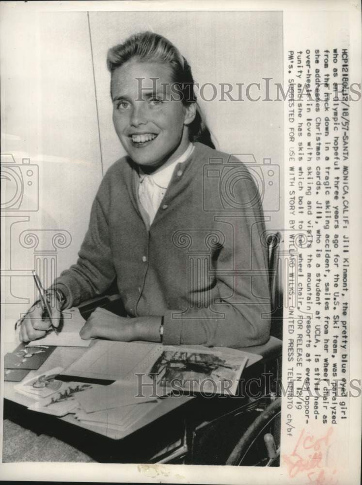 1957 Press Photo Jill Kinmont, paralyzed skier, Santa Monica, California - Historic Images