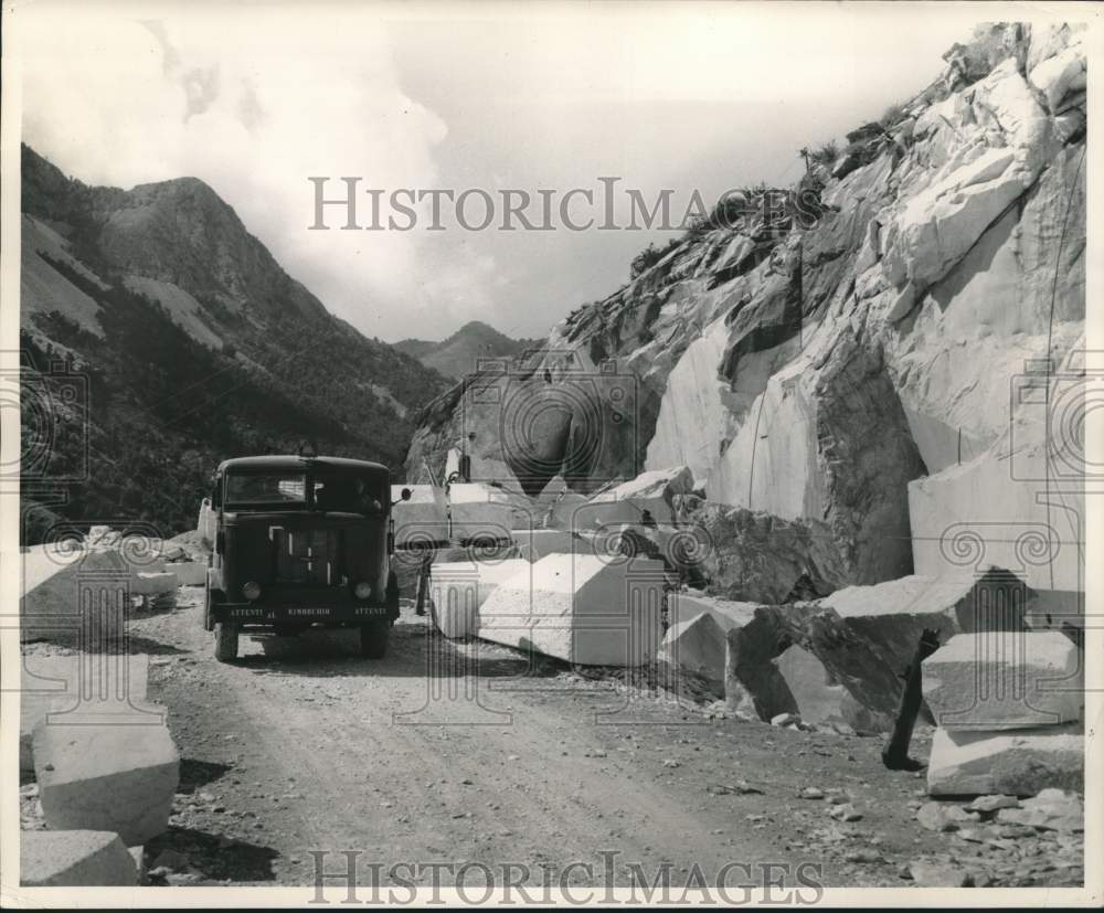 1954 Blocks to be slid down the mountain at Carrara, Italy - Historic Images