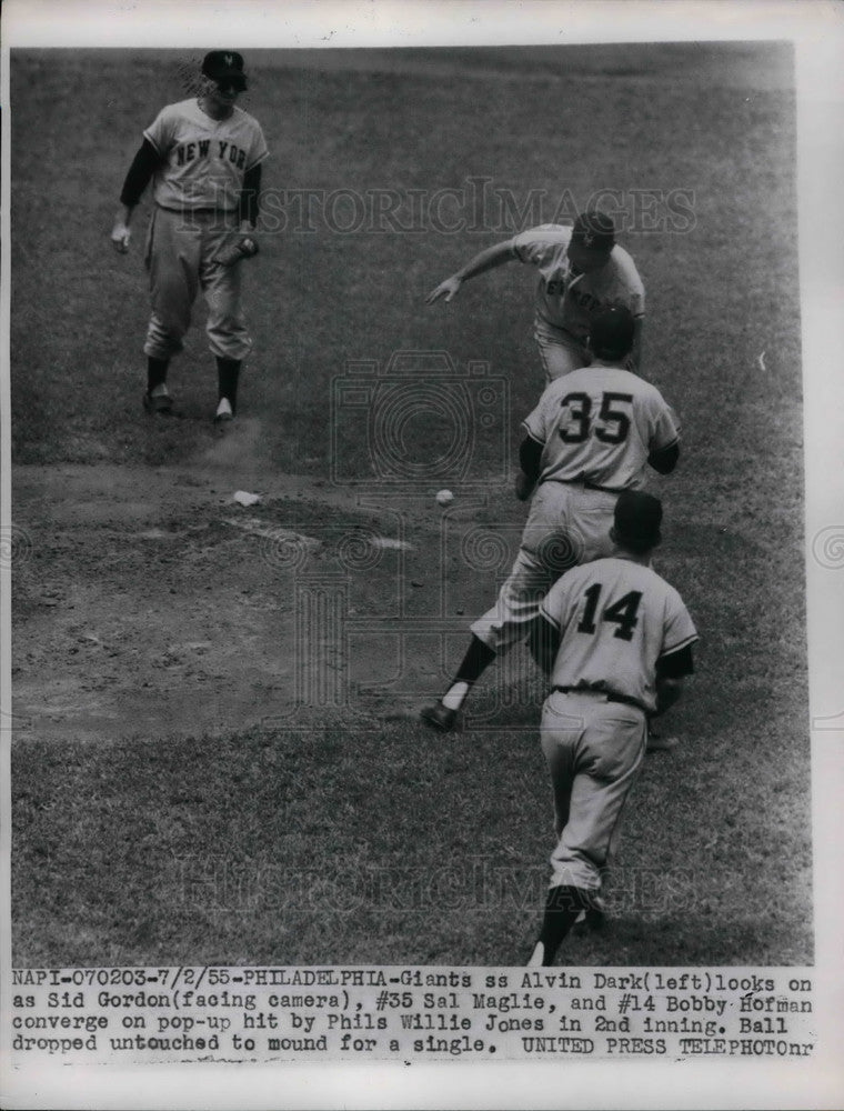1955 Phillies Willie Jones Hits Pup Up In Game Versus Giants - Historic Images