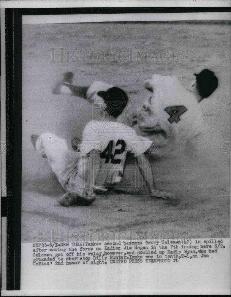 1955 Press Photo Yankees Gerry Coleman &amp; Indians Jim Hegan - Historic Images