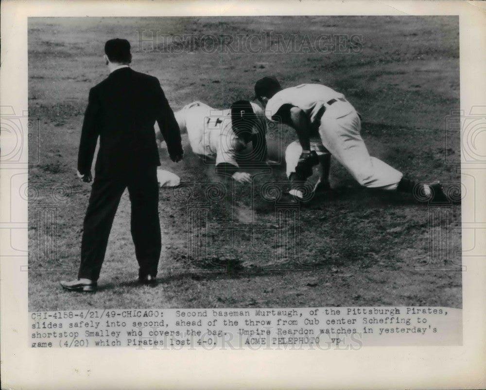 1949 Press Photo Pirates 2nd Baseman Murtaugh Slides To Second Base - Historic Images