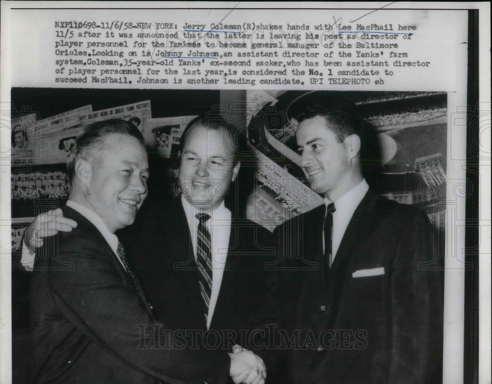 1958 Jerry Coleman, Lee MacPhail, Johnny Johnson, Yankees - Historic Images