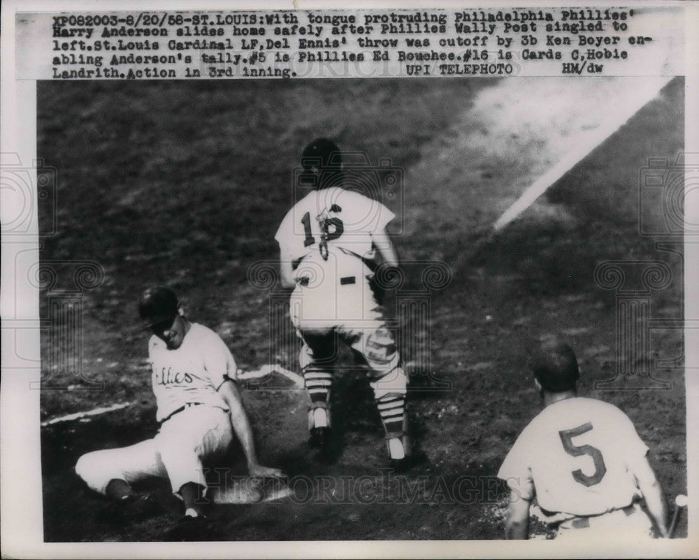 1958 Press Photo Phillies Harry Anderson Slides Home Safely-Historic Images