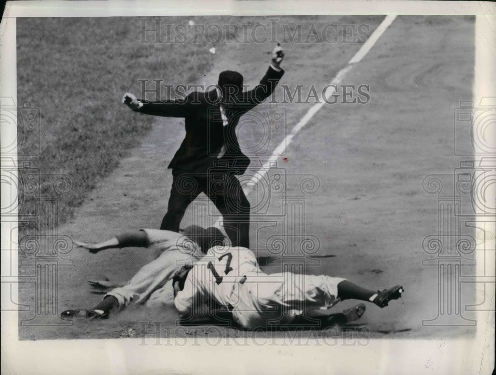 1946 Jimmy Russell of the Dodgers in Game With Umpire Jock Conlan - Historic Images