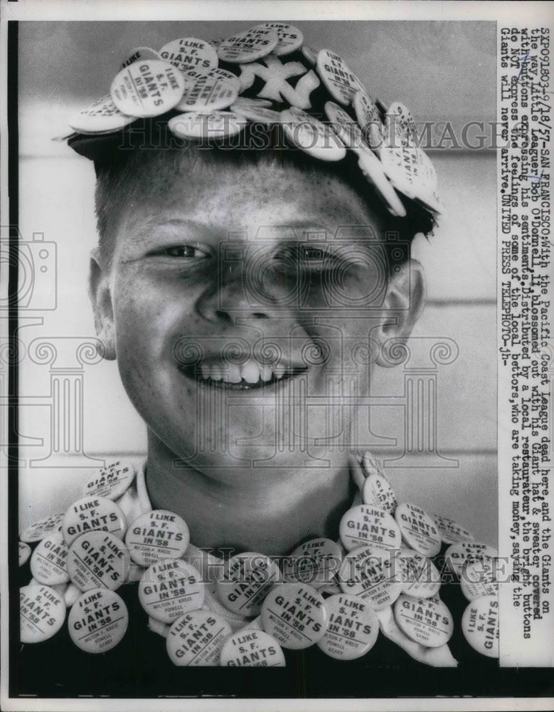 1957 Press Photo Bob O'Donnell, Little Leaguer with Giant Hat and Sweater - Historic Images