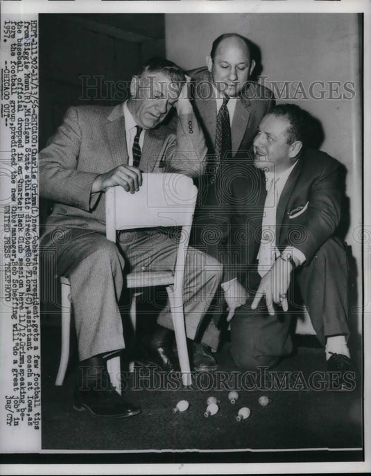 1956 Press Photo Charlie Grimm, Biggie Munn, Michigan State, Bob Flora, Iowa - Historic Images
