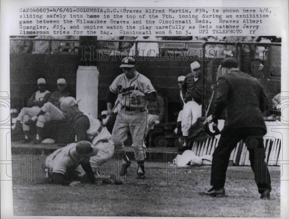 1961 Braves Alfred Martin slides safely into home, Albert Spangler - Historic Images