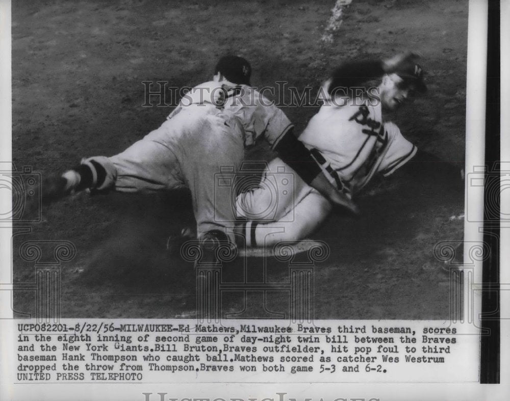 1956 Ed Mathews Third Baseman Milwaukee Braves Scores Eighth Inning - Historic Images