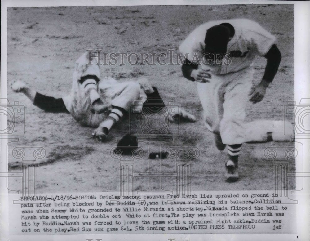 1956 Press Photo Fred Marsh Second Baseman Orioles Blocked By Dan Buddin Red Sox - Historic Images
