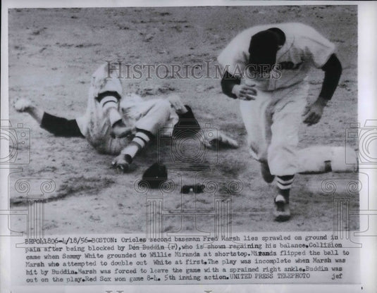 1956 Press Photo Fred Marsh Second Baseman Orioles Blocked By Dan Buddin Red Sox - Historic Images