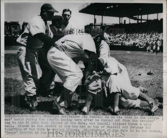 Press Photo Brooklyn Outfielder Jim Russels back on the pitchers mound. - Historic Images
