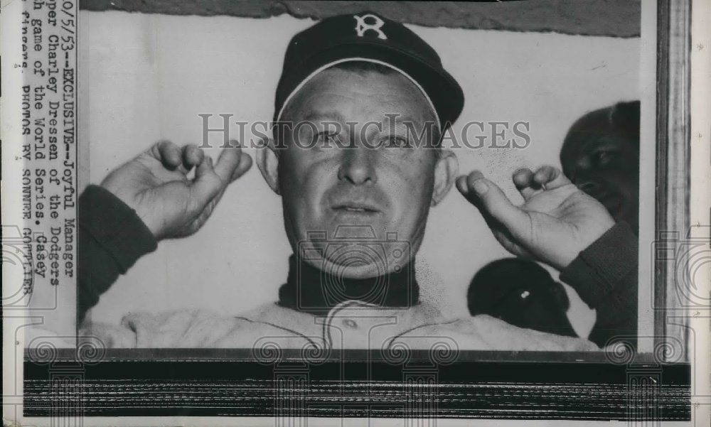 1963 Dodgers' Mgr. Charley Dressen crosses his fingers during game. - Historic Images