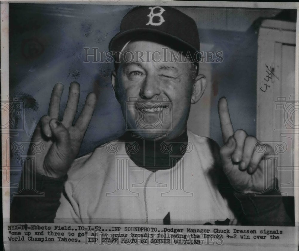 1952 Press Photo Dodger Mgr. Chuck Dressen gesture win over the Yankees.-Historic Images