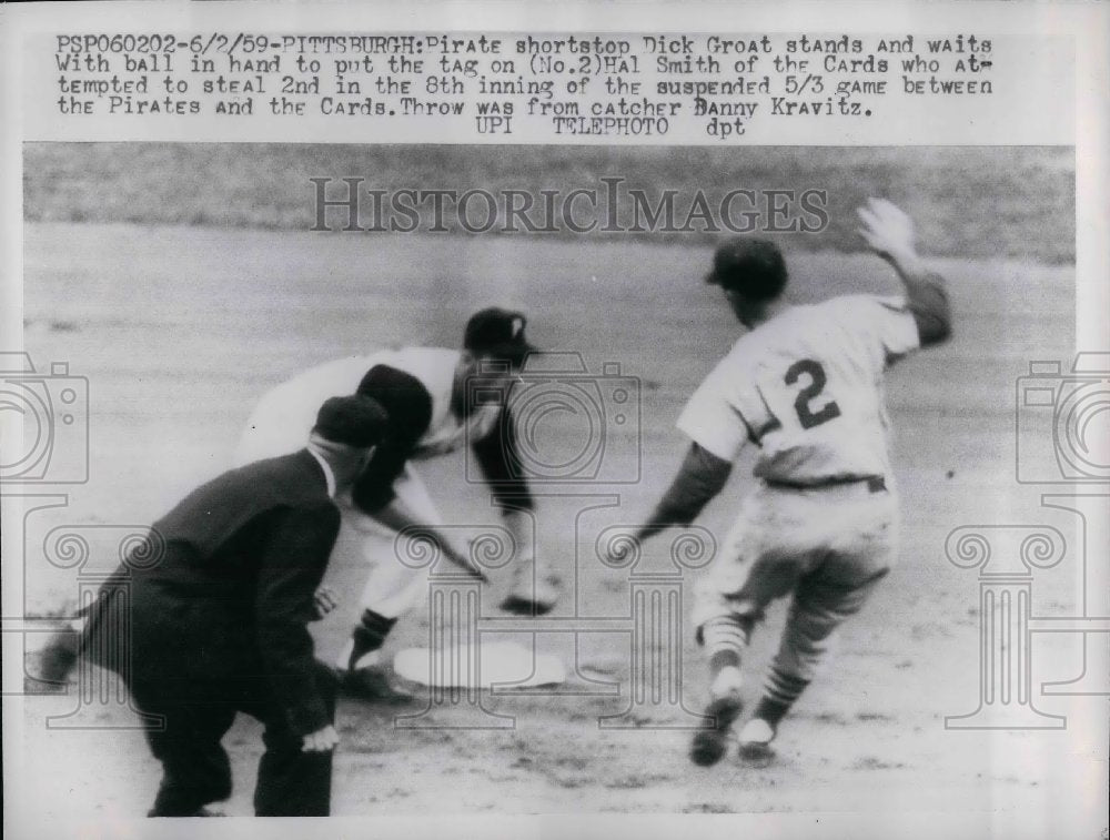 1959 Press Photo Pittsburgh Pirates Dick Groat Hal Smith Cardinals Baseball - Historic Images