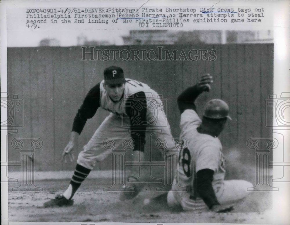 1961 P. Pirates Dick Groat Tags Out P. Phillies Pancho Herrera - Historic Images