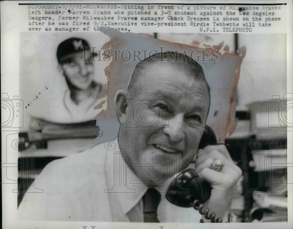 1961 Press Photo Chuck Dressen, Former Milwaukee Braves Manager, Warren Spahn - Historic Images