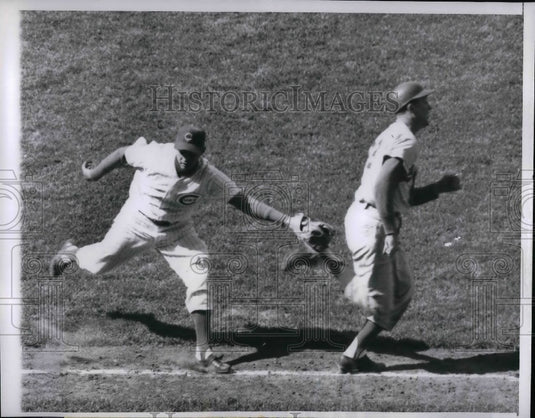 1960 LA Dodgers pitcher Roger Craig tagged by Cubs' pitcher - Historic Images