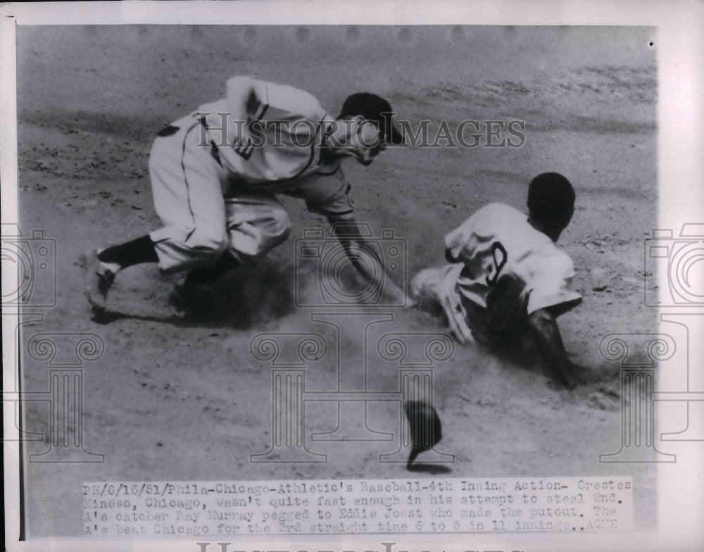 1951 Chicago&#39;s Orestes Minoso not fast enough to steal 2nd from A&#39;s - Historic Images