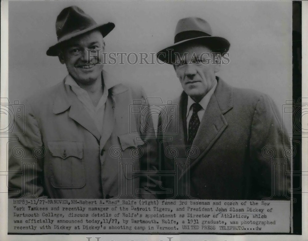 1953 Press Photo Robert Rolfe, Mgr. of Tigers and John Sloan, Pres.of Dartmouth - Historic Images