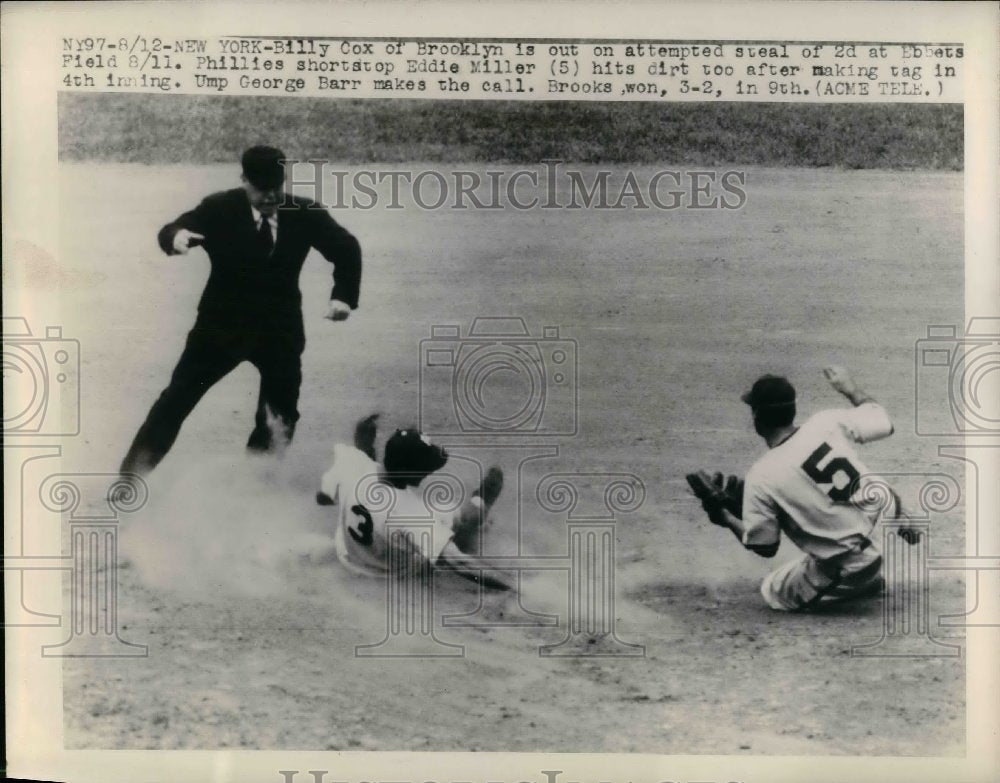 1948 Press Photo Dodgers Billy Cox Called Out On Attempted Steal - Historic Images
