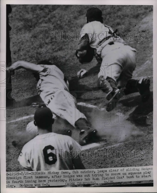 1951 Cubs Catcher Mickey Own Leaps Clear Of Dodger Hodges - Historic Images