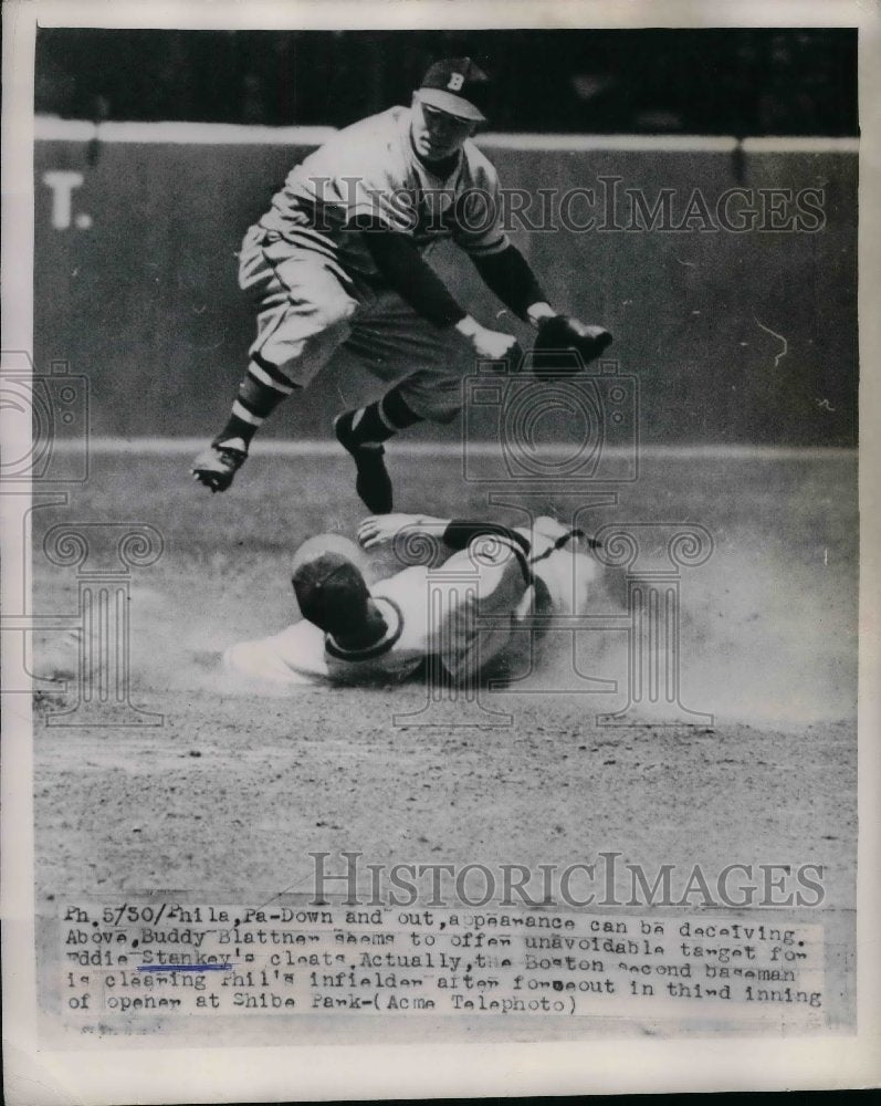 1949 Buddy Blattner & Eddie Stankey at opener at Shibe Park - Historic Images