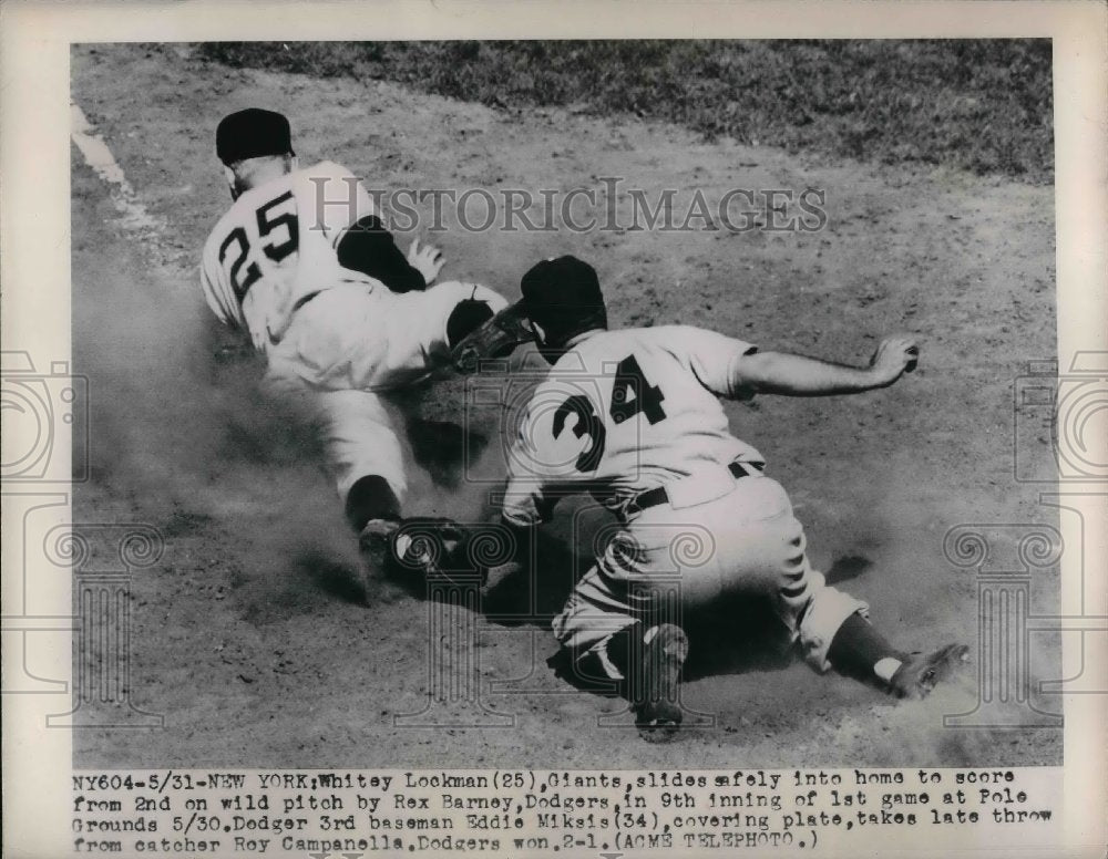 1949 Giants Whitey Lockman, Dodgers Rex Barney, Dodger 3rd baseman - Historic Images