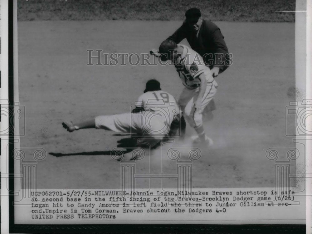 1955 Press Photo Johnnie Logan, Milwaukee Braves shortstop &amp; Umpire Tom Gorman - Historic Images