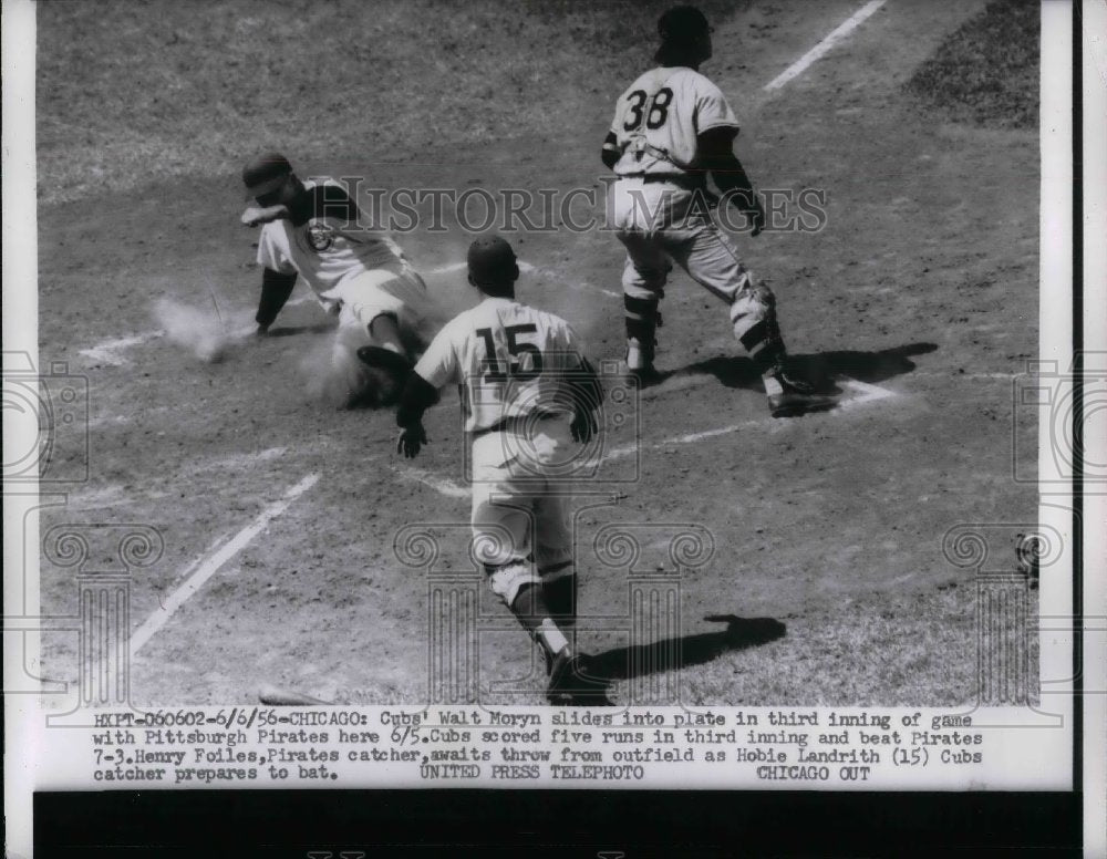 1956 Cubs Walt Moryn Slides Home While Pirates Foiles Awaits Throw - Historic Images