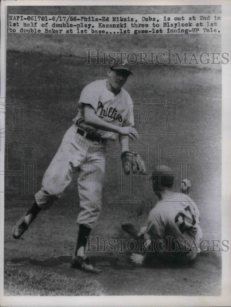 1956 Phillies, Ed Miksis of Cubs out at 2nd by Kazanski - Historic Images