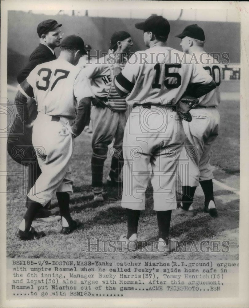 1949 Press Photo Yankee Catcher Niarhos Argues Call With Umpire Rommel-Historic Images