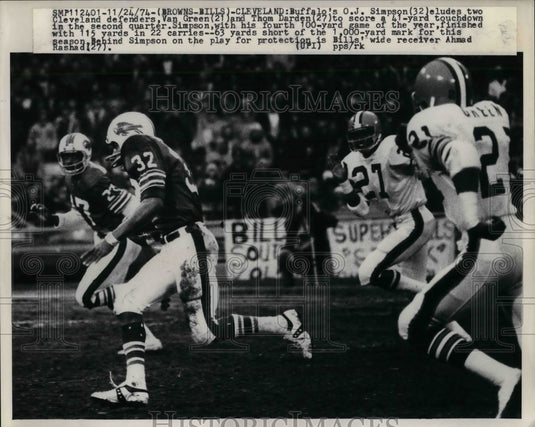1974 Press Photo O.J. Simpson of Buffalo,Van Green and Thom Darden of Cleveland - Historic Images
