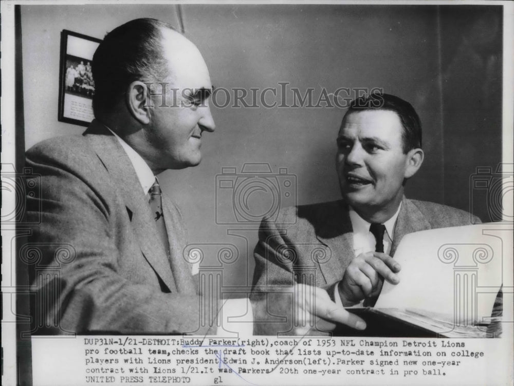 1954 Press Photo Detroit Lions Buddy Parker &amp; Pres. edwin Anderson - nea14685-Historic Images