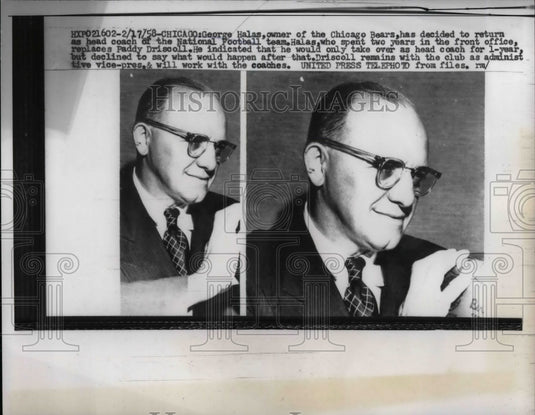 1958 Press Photo George Hallas To Return As Coach Of Chicago Bears - Historic Images