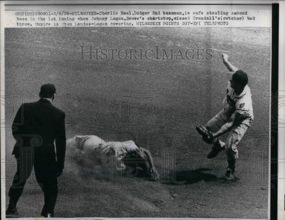 1959 Charlie Neal, Dodgers 2nd Baseman, Johnny Logan, Braves - Historic Images