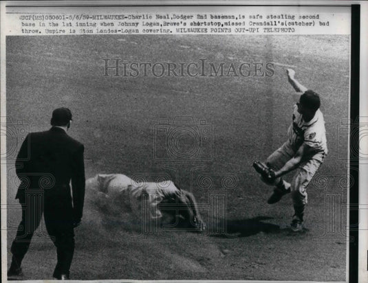 1959 Charlie Neal, Dodgers 2nd Baseman, Johnny Logan, Braves - Historic Images