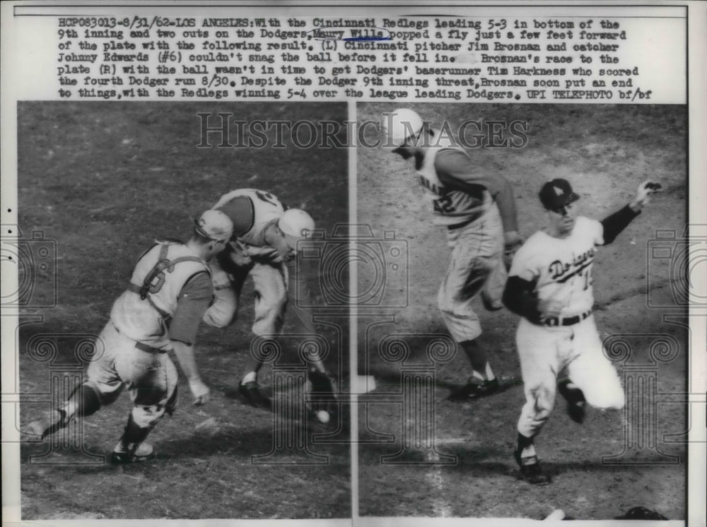 1962 Press Photo Reds John Edwards vs Dodgers Maury Willis - nea15900 - Historic Images