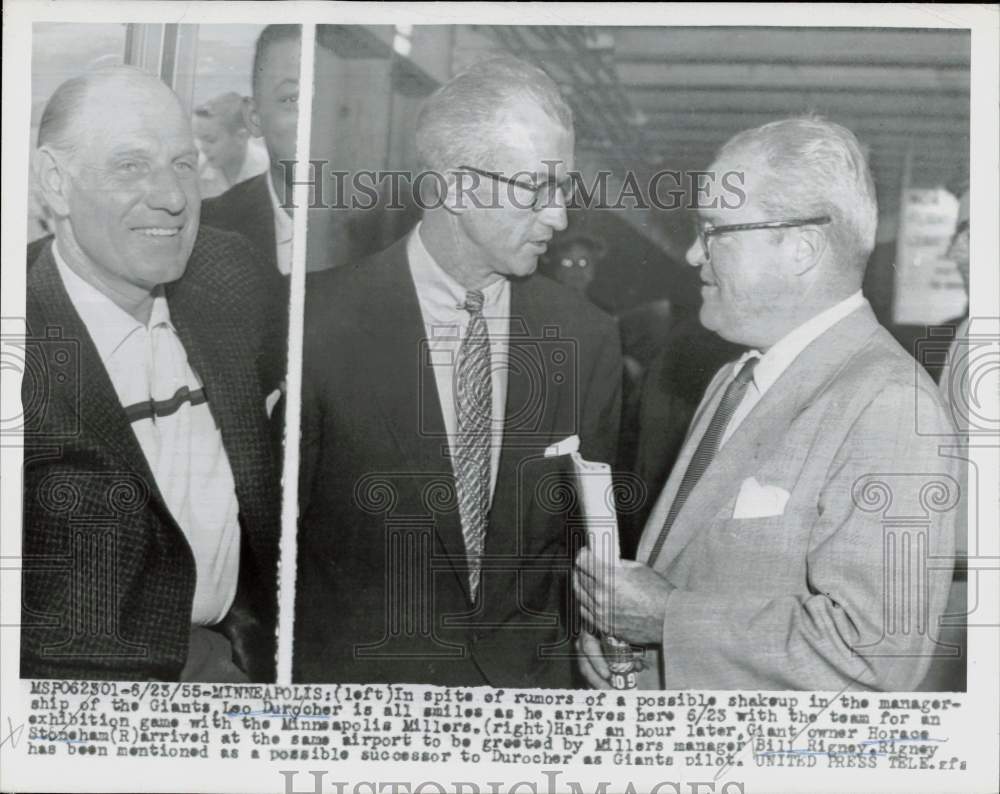 1955 Press Photo Leo Durocher, Horace Stoneham, Bill Rigney, New York Giants - Historic Images
