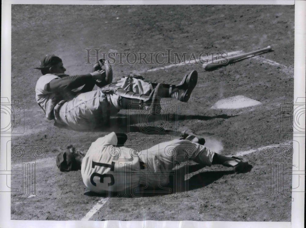 1956 Turk Lown Pitcher Cubs Down At Plate With Stan Lopata Phillies - Historic Images