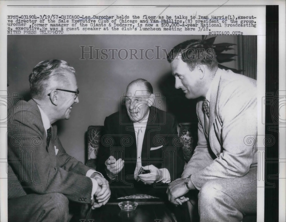 1957 Press Photo Dodgers mgr Leo Durocher ,Ivan Harris & Van Phillips - Historic Images