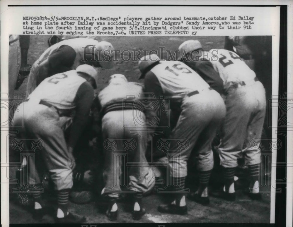 1957 Cinn . Reds Ed Bailey hurt at home plate vs Dodgers - Historic Images