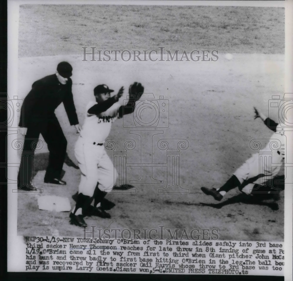 1956 Press Photo Pirates Johnny O&#39;Brien Slides Safe At 3rd Behind Late Throw-Historic Images