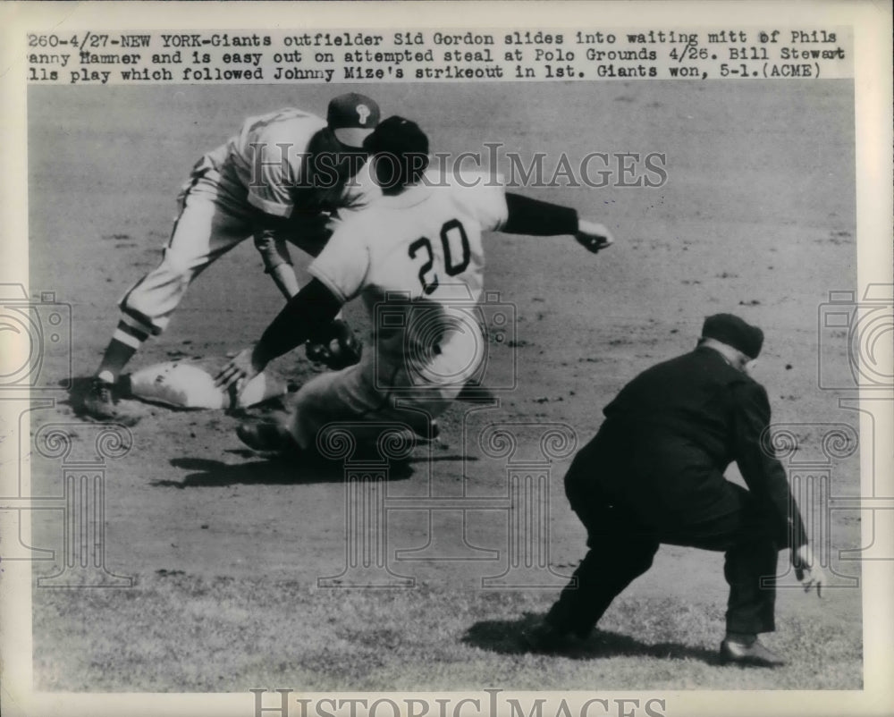 1948 Press Photo Sid Gordon slides, Danny Hamner, Phils, makes the tag-Historic Images